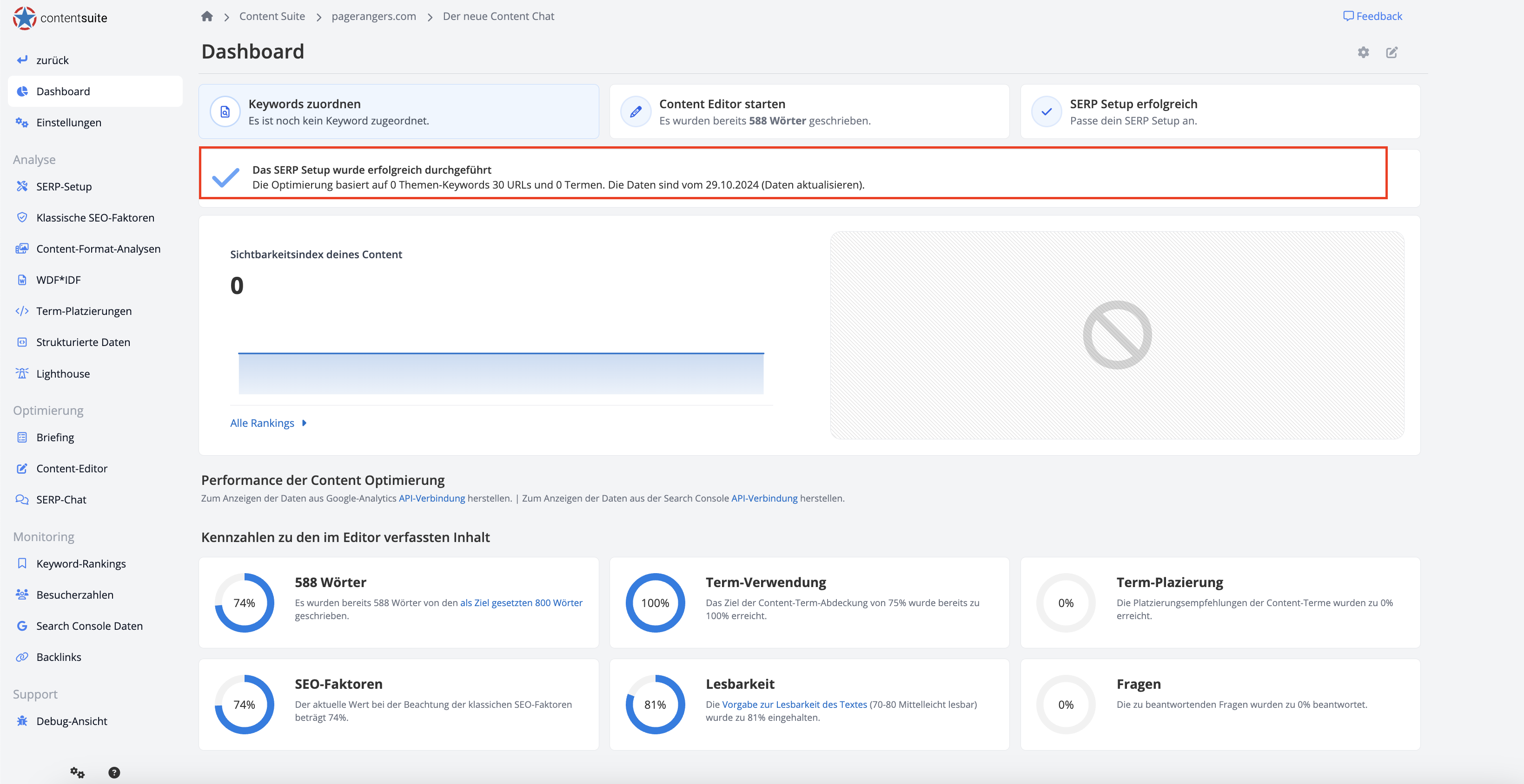 Content Suite Dashboard zum aktualisieren der SERP Daten