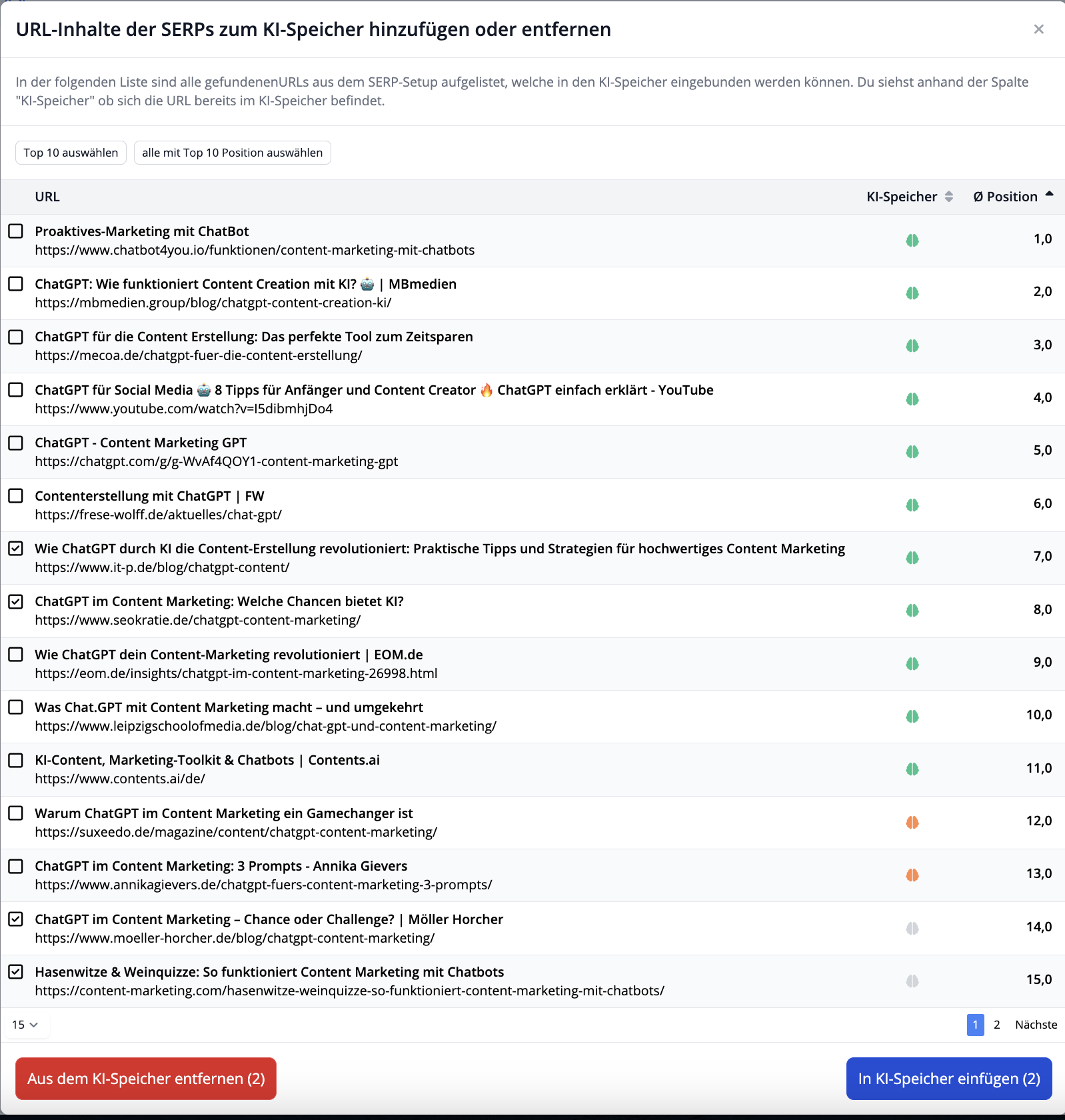 Auswahlmöglichkeiten bei Wettbewerber URLs